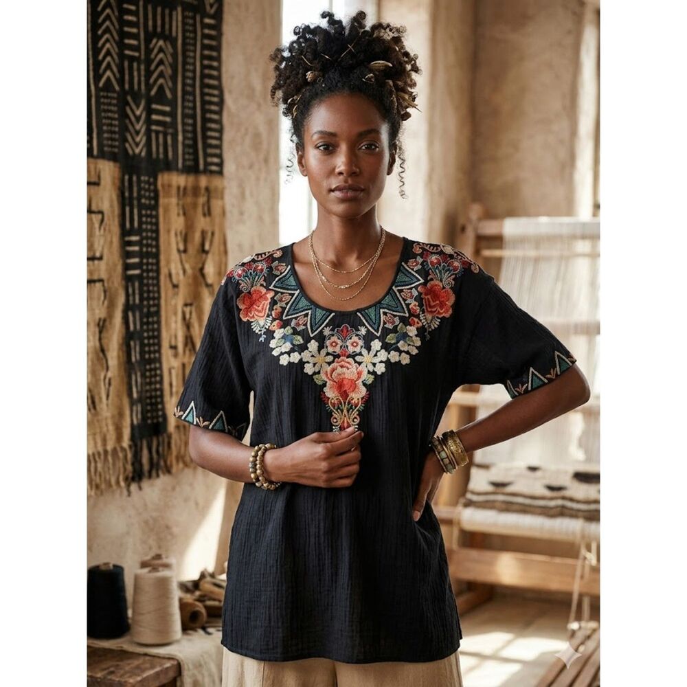 Johnny Was Tunic Top M Embroidered V-Neck Festival Hippie Boho Chic Black Tamaya